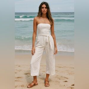 Perfect Stranger Cotton Linen Blend Strapless Wide Leg Crop Jumpsuit